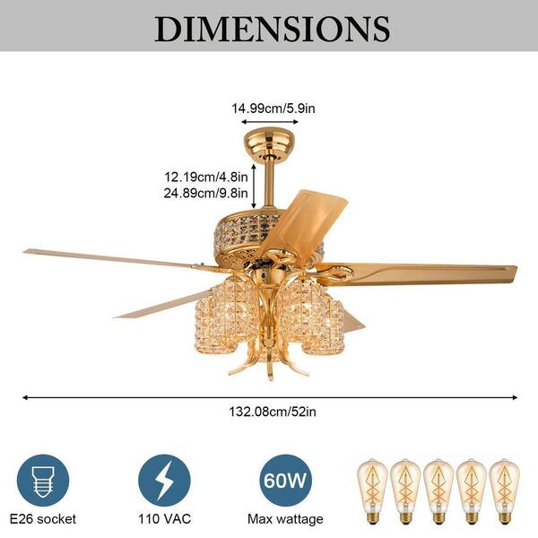 OUKANING 52 in. Indoor Gold Luxury Crystal 3-Speed Ceiling Fan