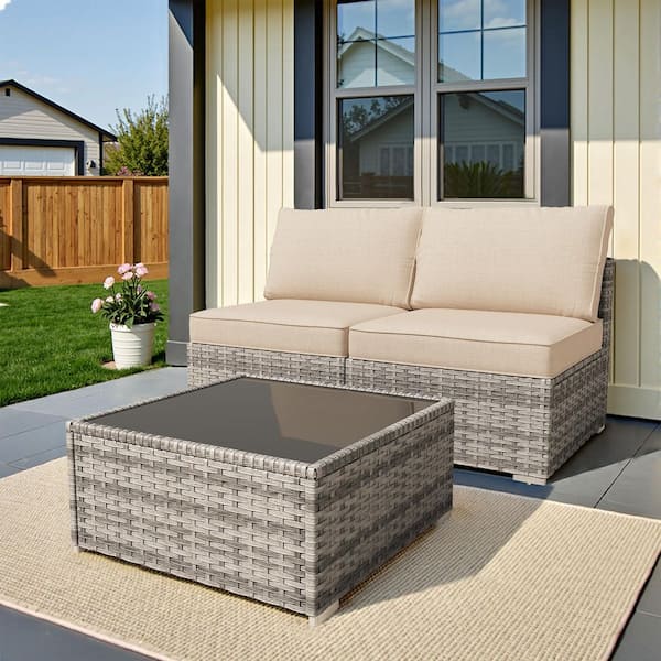 XIZZI Charm 3 Pieces Wicker Patio Conversation Seating Sofa Set with Beige Cushions and Coffee Table