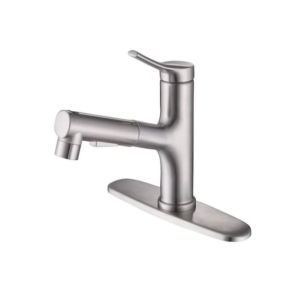 Single Handle Single Hole Pull Out Bathroom Faucet with Deckplate Included in Brushed Nickel