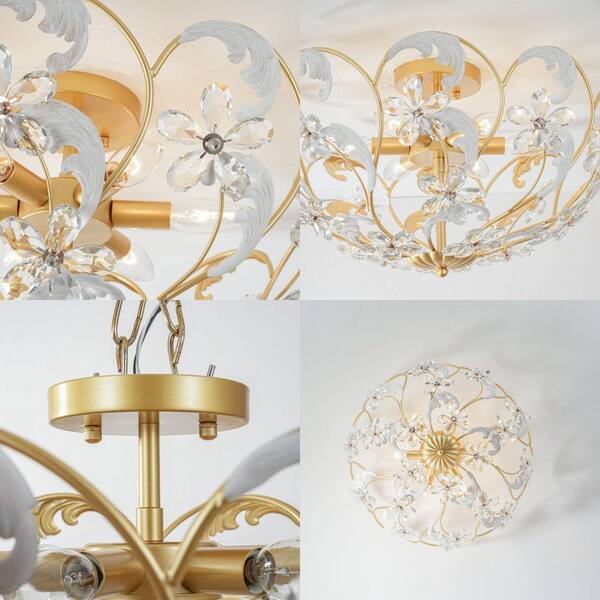 Rennnsan 21 in. 6-Light Modern Bowl Brushed Gold Crystal Flower