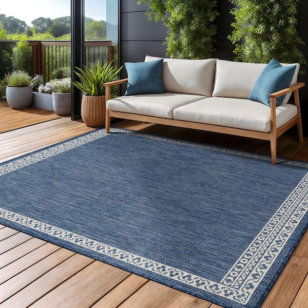 Frame Blue 8 ft. x 10 ft. Geometric Bordered Washable Indoor Outdoor Area Rug