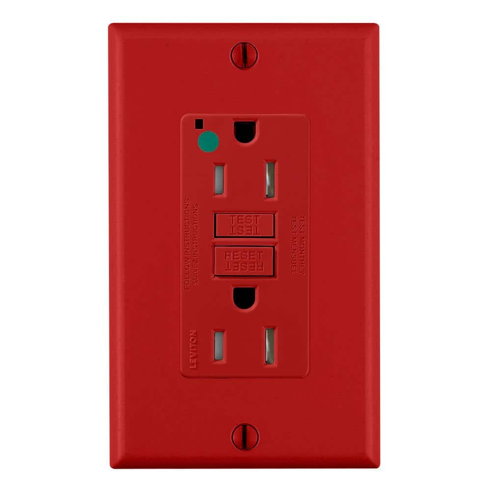 Leviton 15 Amp SmartlockPro Hospital Grade Extra Heavy Duty Tamper Resistant GFCI Outlet with Guide Light, Red