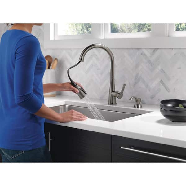 Greydon Single Handle Pull Down Sprayer Kitchen Faucet with ShieldSpray and Soap Dispenser in Black Stainless