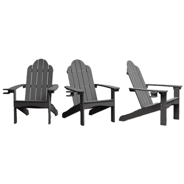LUE BONA Grant Curveback Dark Gray Recycled HDPS Plastic Outdoor Patio Adirondack Chair with Cup Holder Fire Pit Chair Set of 3