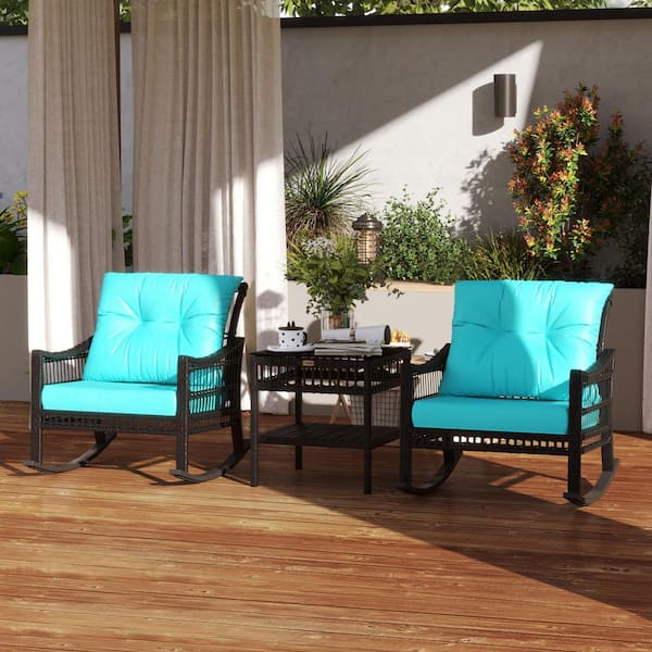 Outsunny 3-Piece Wicker Square Table Outdoor Bistro Set with Turquoise Cushions