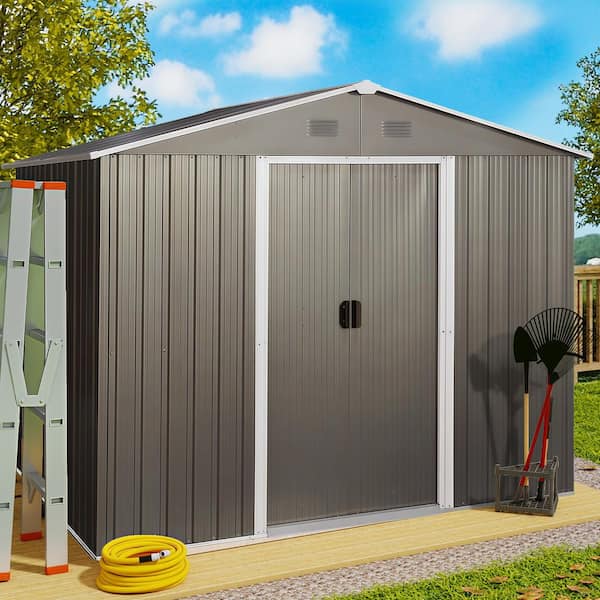 8 ft. W x 6 ft. D Metal Storage Shed Outdoor Tool House Room with Floor Frame, Shelves and Hooks, Gray (39 sq. ft.)