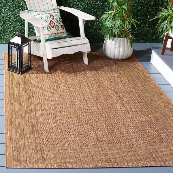 Courtyard Natural/Gold 4 ft. x 4 ft. Border Solid Color Indoor/Outdoor Square Area Rug