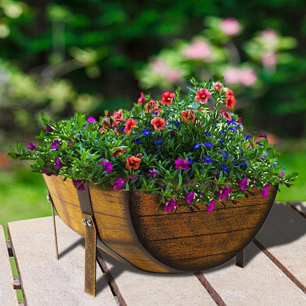 OGETFUUR 15.43 in. x 5.31 in. Metal Brown Outdoor Flower Pot Half Barrel Planter with Legs for Garden Backyard