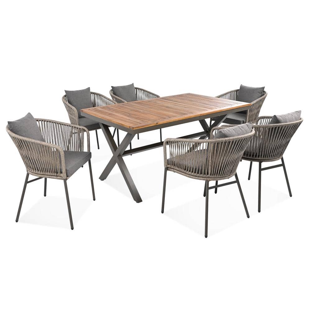 7-Piece Wood Patio Dining Set, Conversation Set with Gray Cushion, All-Weather Use price history on PriceWatchPro