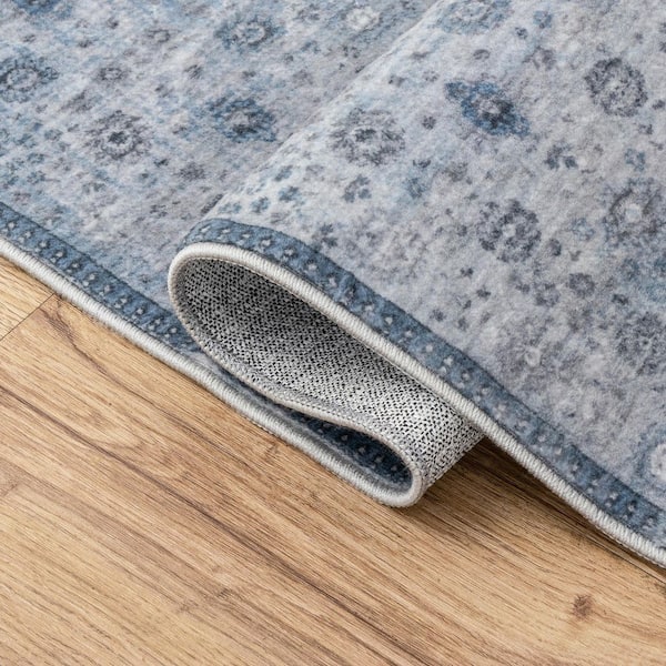 Petunia Distressed All-Over Floral Border Non-Slip Machine-Washable Blue/Light Gray 4 ft. x 6 ft. Area Rug