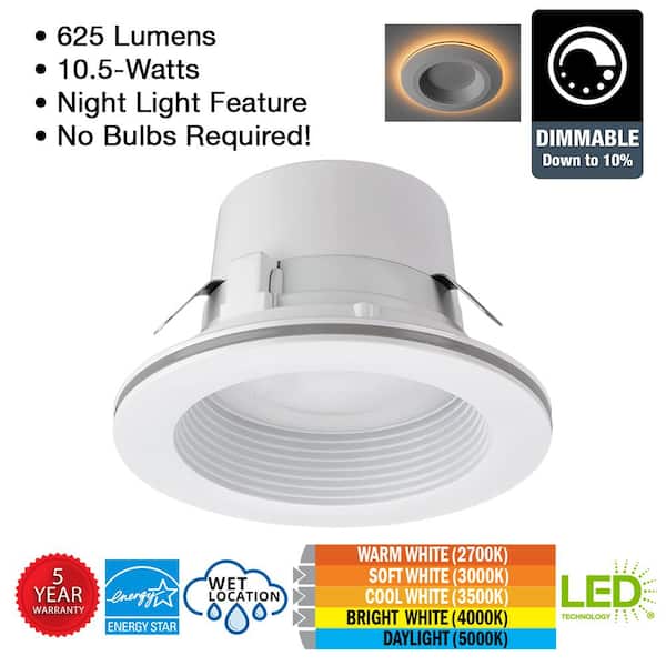 Commercial Electric - 4 in. Adjustable CCT Integrated LED Recessed Light Trim w/ Night Light 625 Lumens Retrofit Kitchen Lighting Dimmable