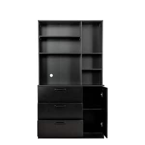 Black Large Kitchen Pantry Storage Cabinet with Drawers & Open Shelves, Freestanding Kitchen Cupboard Buffet Cabinet