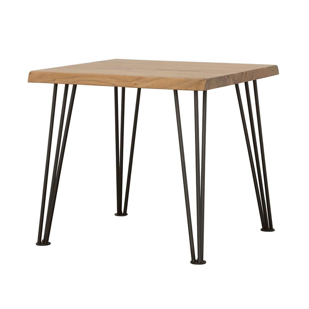 Acacia Wood and Black Metal Square End Table with Hairpin Legs