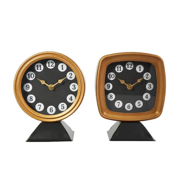 Litton Lane Gold Metal Round and Square Tabletop Clock with Black Bases and White Circle Hour Markers (Set of 2)