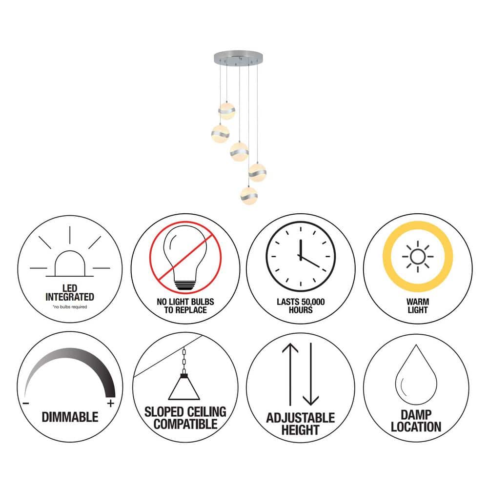 Wavey Chrome and Glass 5-Light LED Pendant, Energy Star Rated
