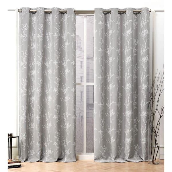 Turion Ash Grey Floral Woven Room Darkening Grommet Top Curtain, 52 in. W x 84 in. L (Set of 2)