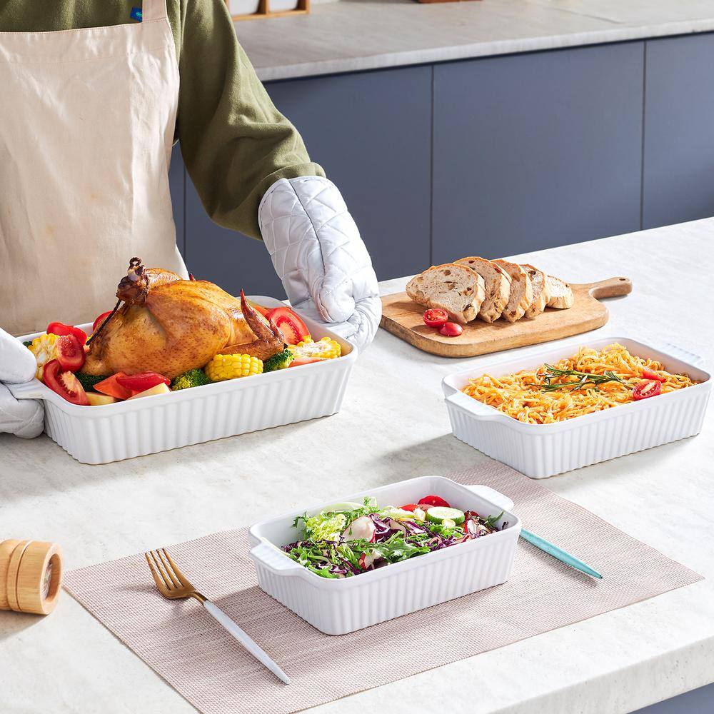 White Ceramic Non-Stick Rectangular Baking Dish Set with Handles