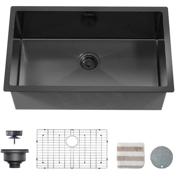 Amucolo 32 in. Gloss Black Undermount Single Bowl Stainless Steel Kitchen Sink with Accessories