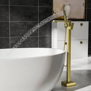 Modern Single-Handle Freestanding Tub Faucet with Hand Shower in Brushed Gold