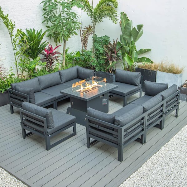 Leisuremod Chelsea Black 9-Peice Aluminum Sectional and Patio Fire Pit Set with Black Cushions