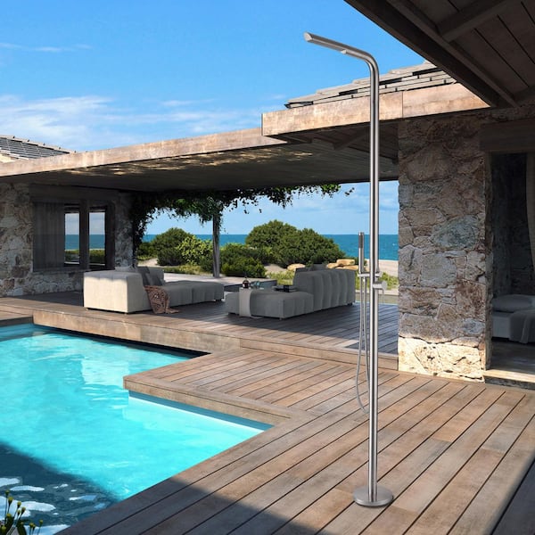 2-Handle Outdoor Freestanding Shower Faucet Kit Floor Mount Shower System Kit with 1.8 GPM Hand Shower in Nickel