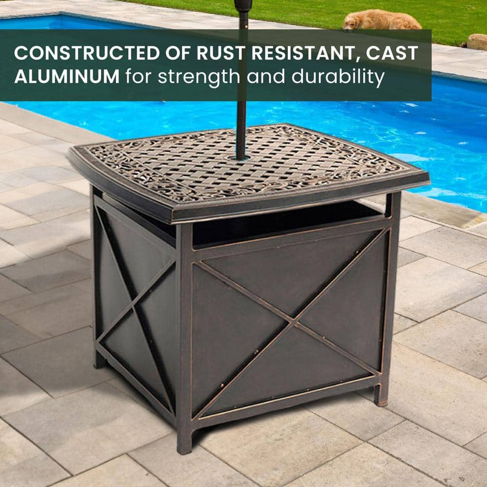 Bronze Cast Aluminum Square Patio Table with Umbrella Holder