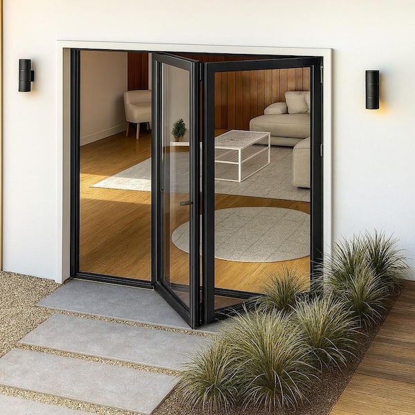 Teza 85 Series 72 in. x 96 in. Matte Black Left to Right Folding Aluminum Bi-Fold Patio Door