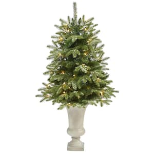 3.5 ft. Snowed Pre-Lit Teton Fir Artificial Christmas Tree with 50 Clear Lights and 111 Bendable Branches in Sand Urn
