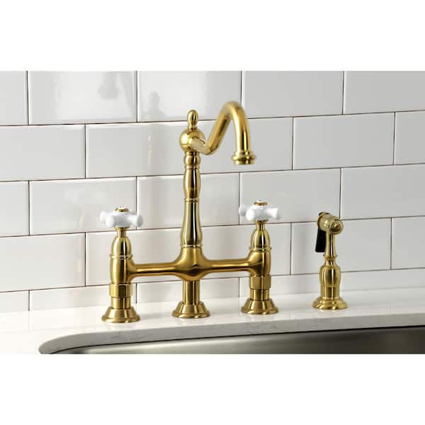 Heritage Double-Handle Deck Mount Gooseneck Bridge Kitchen Faucet with Brass Sprayer in Brushed Brass