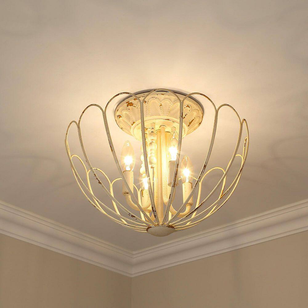 Vintage White 4-Light Semi-Flush Mount with Wood Beads
