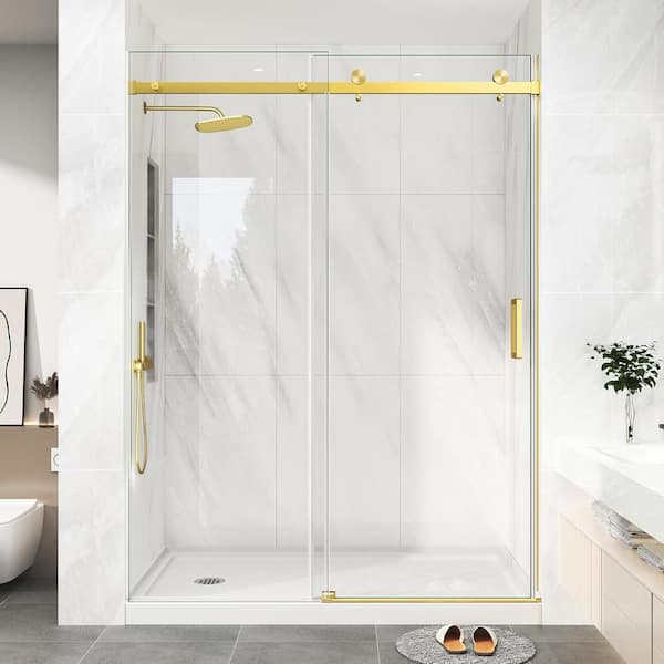 55 in. - 60 in. W x 76 in. H Sliding Frameless Shower Door in Brushed Gold with Clear Tempered Glass