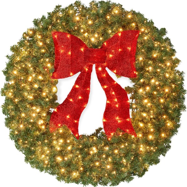 36in Green Pre-Lit 150 LED Lights Fir Artificial Christmas Wreath Decor with Red Bow