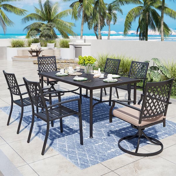 PHI VILLA Black 7-Piece Metal Patio Outdoor Dining Set with Rectangle Table and Elegant Swivel Chair with Beige Cushion