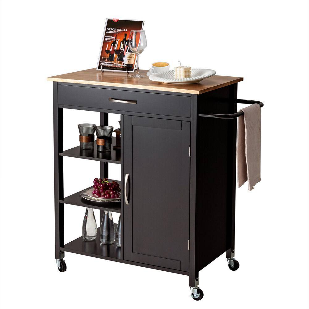 Rolling Black Wood Top 35 in. W Kitchen Island Cart on Wheels with Towel Ra