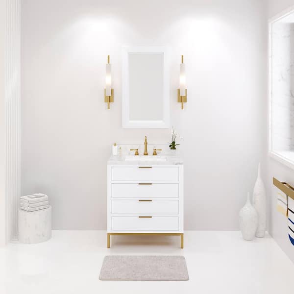 Water Creation Bristol 30 in. W x 21.5 in. D Vanity in Pure White with Marble Top in White with White Basin and Hook Faucet
