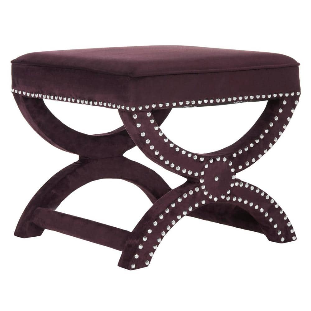 Plum Velvet Ottoman with Silver Nailhead Trim