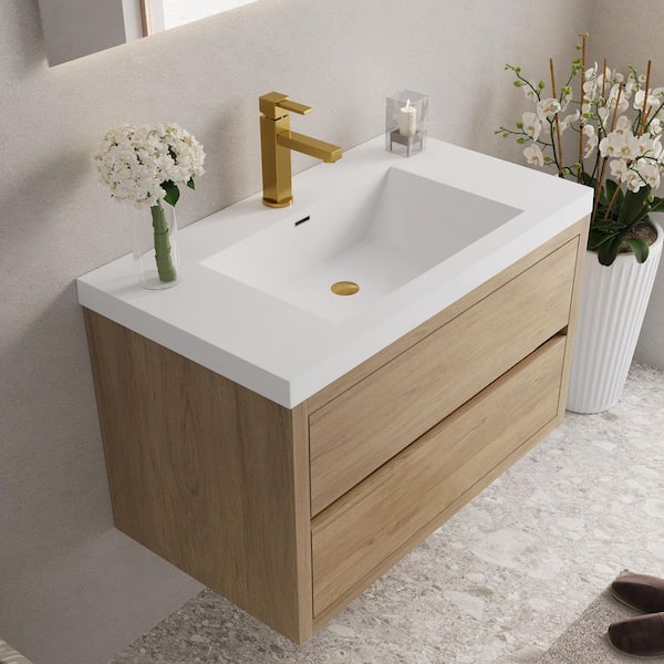 おゆ Ziyudura 36 in. Single Sink Floating Oak Bath Vanity with