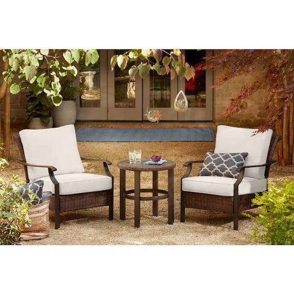 Hampton Bay Harper Creek 3-Piece Brown Steel Outdoor Patio Chair Set with CushionGuard Almond Tan Cushions