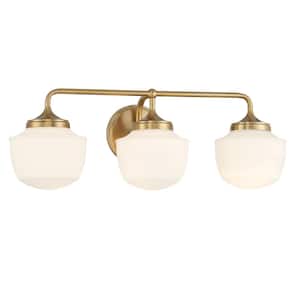 Cornwell 23 in. 3-Light Aged Brass Vanity Light with Etched Opal Glass Shades