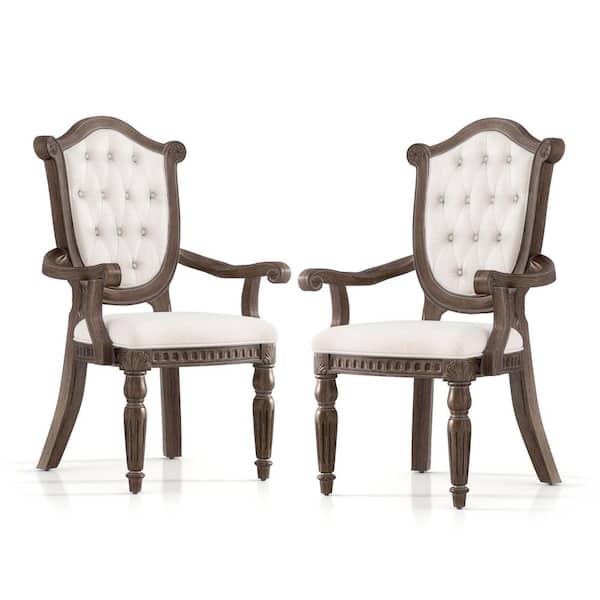 Banks Weathered Oak Fabric Upholstered Arm Chairs with Sheraton Shield Back and Diamond Button Tufted (Set of 2)