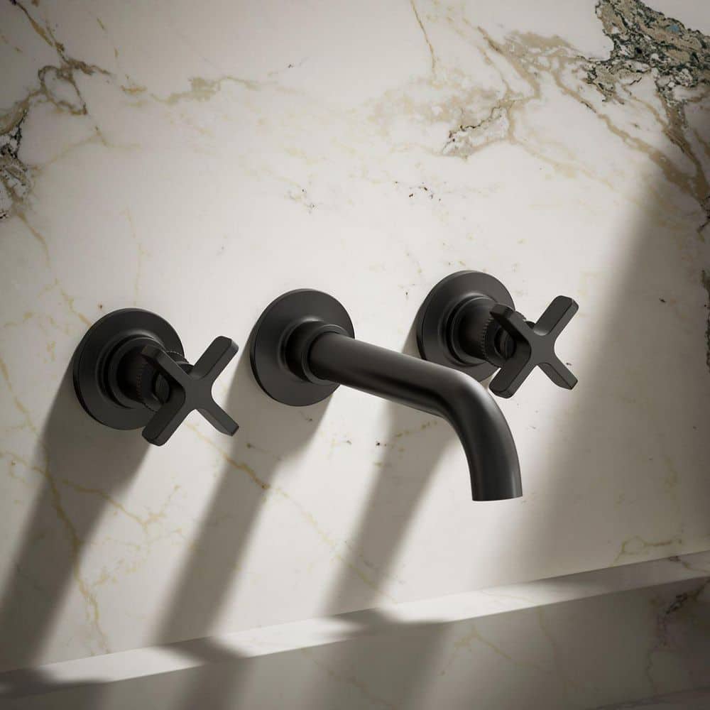 Matte Black Wall-Mount Bathroom Sink Faucet with Knurled Levers