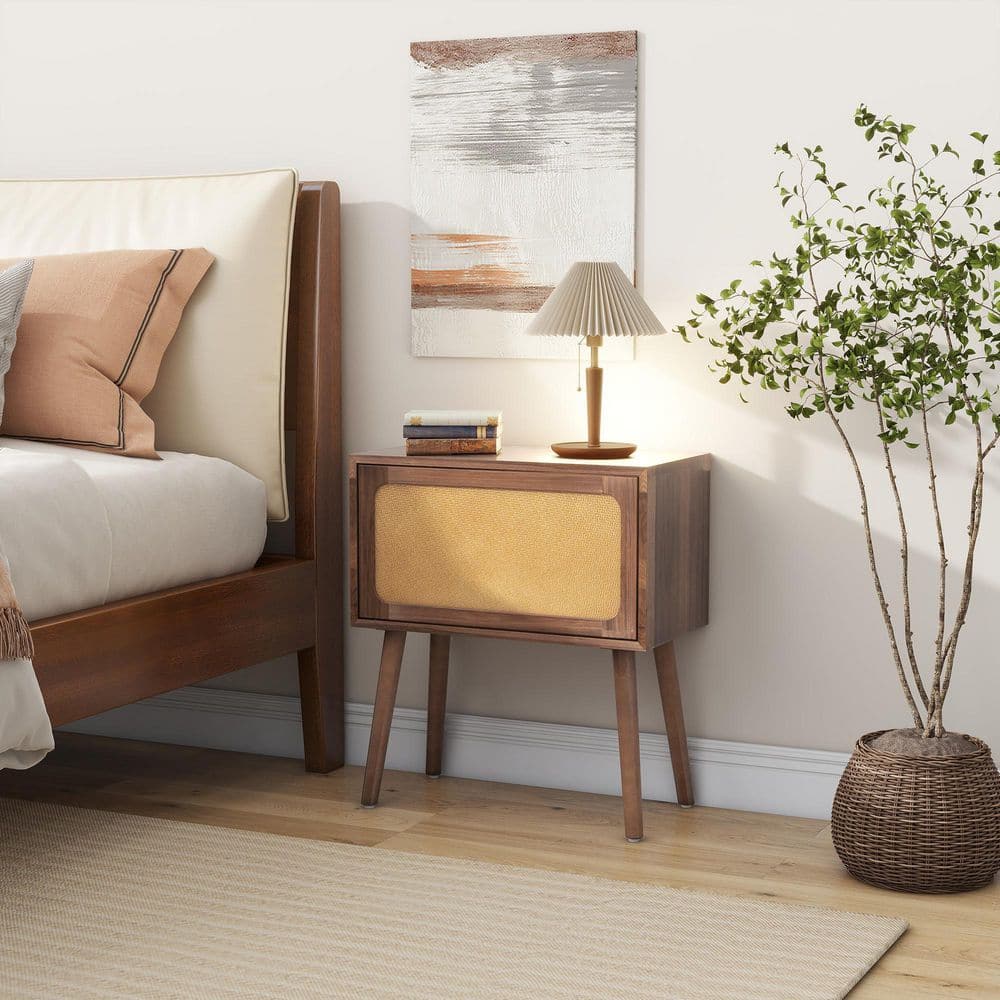 Belvior Modern Rustic Walnut Finish 22.3 in. W Nightstands Bedside Table with Rotating Storage Box, Wood Legs