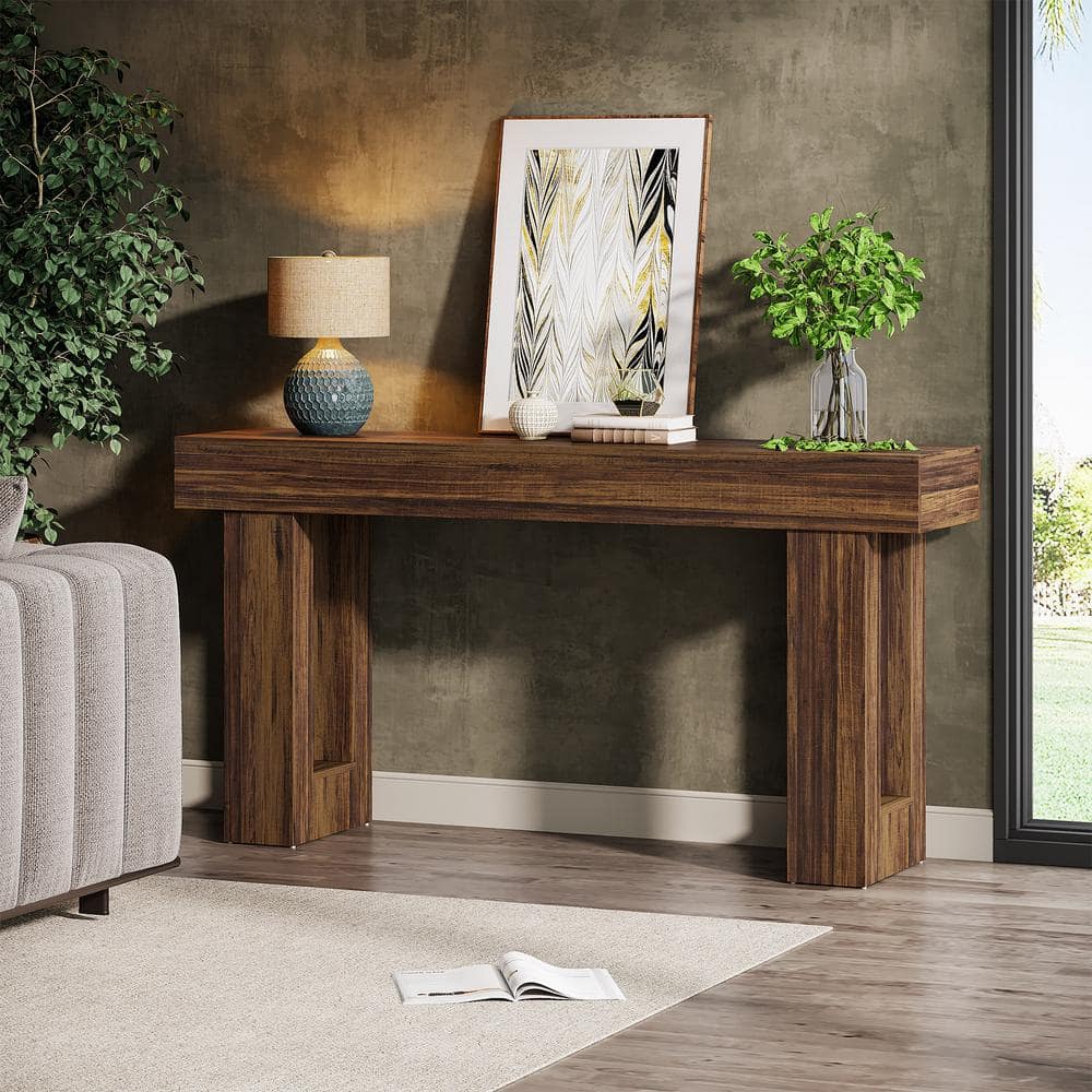 63-Inch Rustic Brown Wooden Console Table with Storage