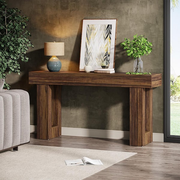 BYBLIGHT Turrella 63 in. W Rustic Brown Wood Console Table, Rectangle Farmhouse Sofa Table with Double Pedestal for Living Room