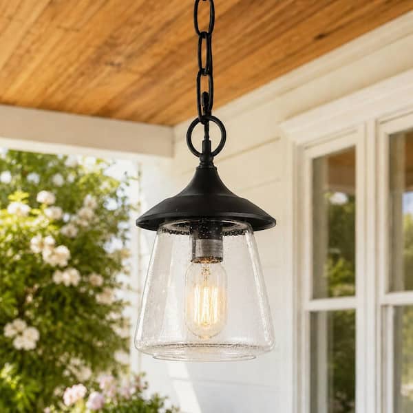 Modern Farmhouse Black Outdoor Pendant Light for Covered Porch Gazebo, 1-Light Hanging light with Seeded Glass Shade