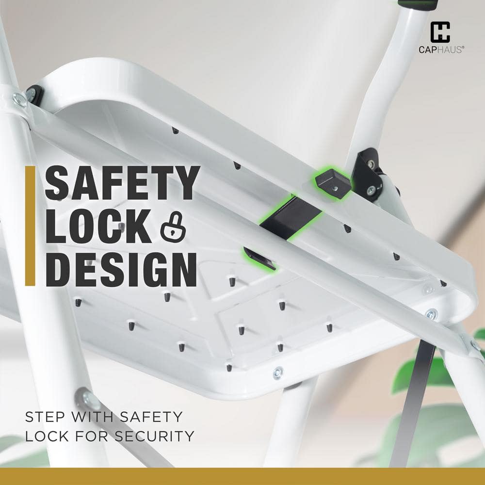 White 2-Step Folding Ladder with Anti-Slip Pedals