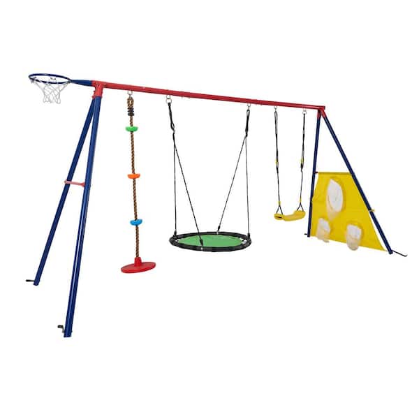 Unbranded Blue and Green Kids Metal Swing Set for Backyard with Textilene Swing and Tree Swing Disc Metal Plastic Safe Swing Seat