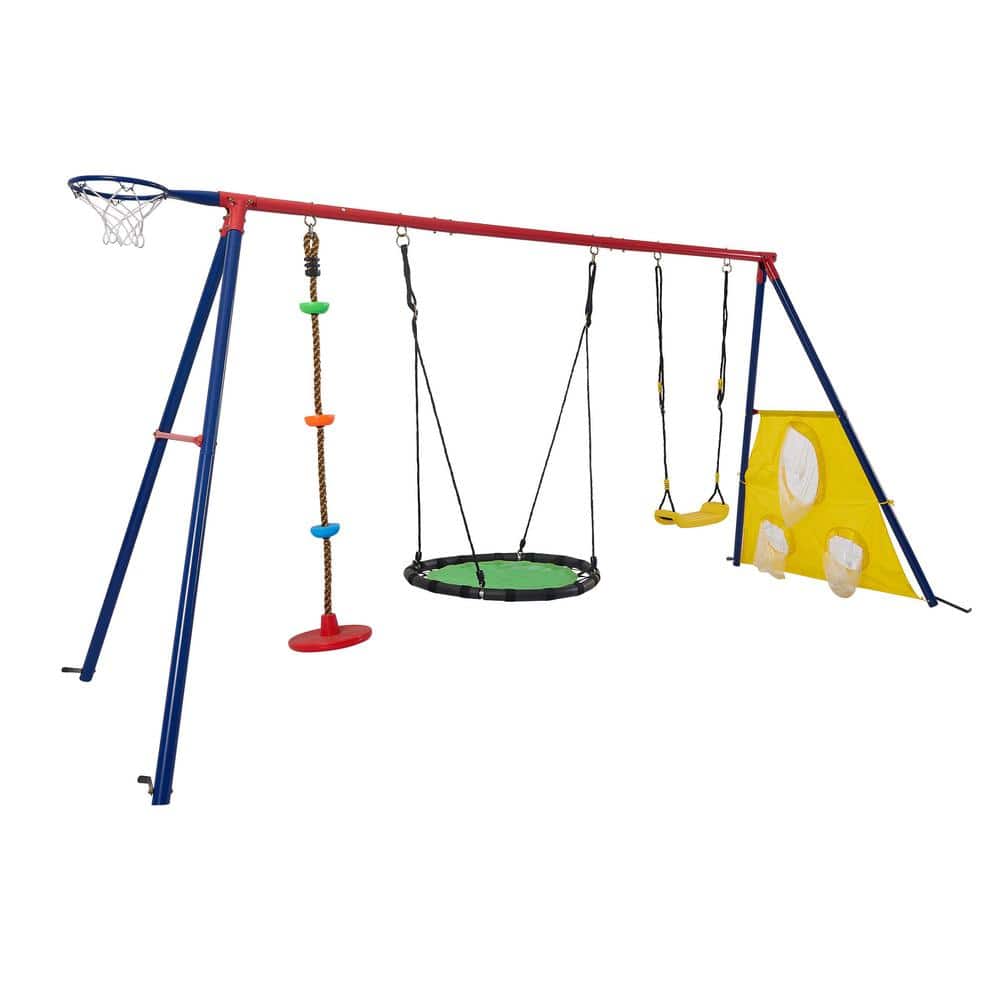 Blue and Green Kids Metal Swing Set for Backyard with Textilene