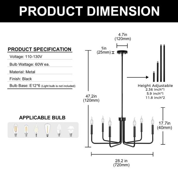 YANSUN 28 in. 6-Light Black Farmhouse Chandelier Industrial Dining