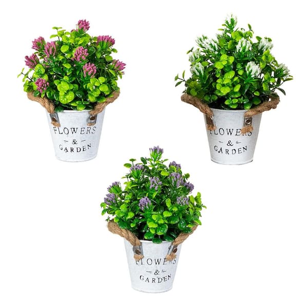 8 in. Multi-Colored Artificial Blooming Assorted Flowers in Rustic Flowers and Garden Planter - Set of 3